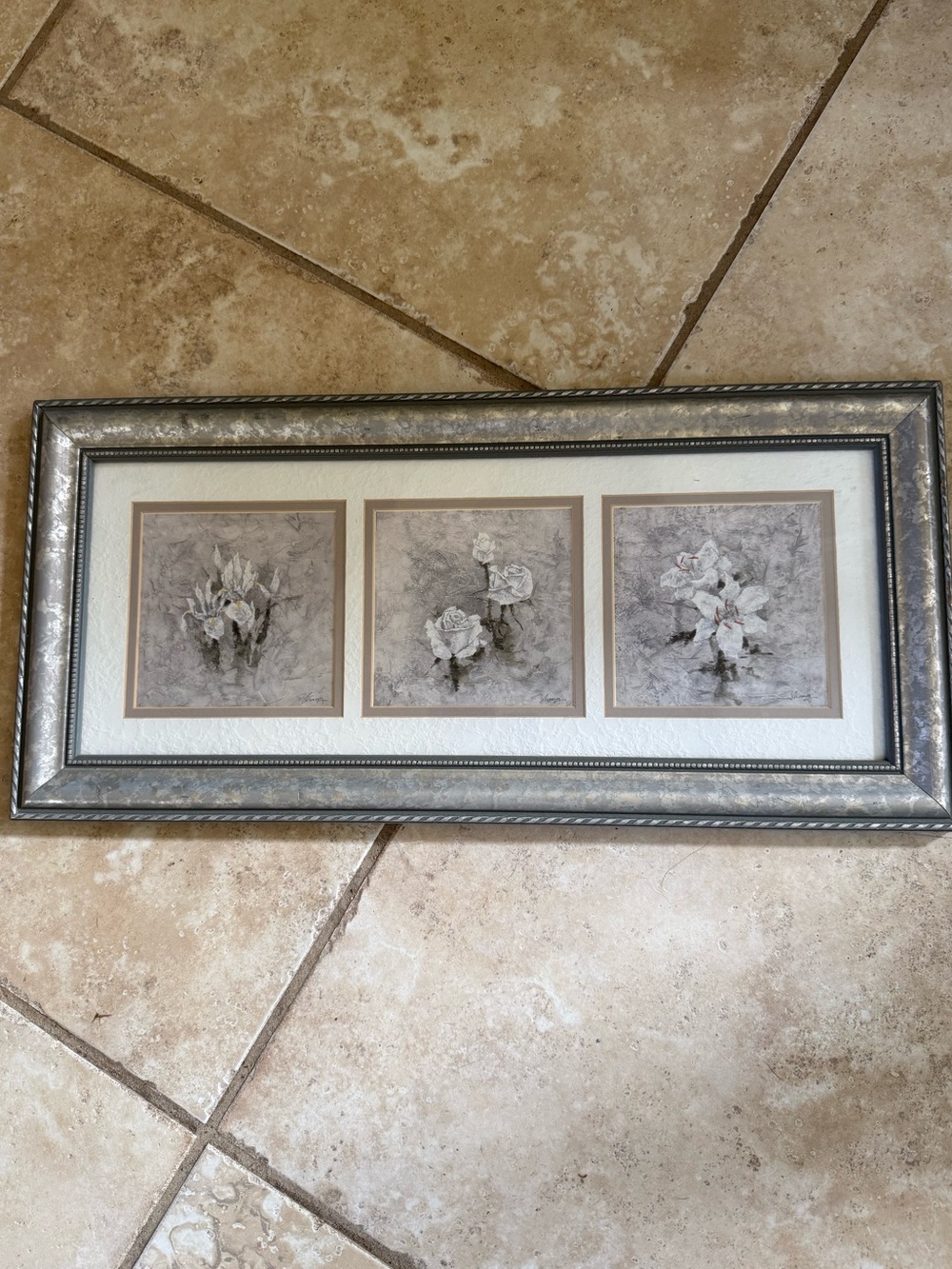 Double matted gray tones triple floral picture